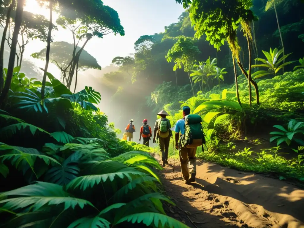 Exploración en la jungla: Aventura en las islas del Bay of Bengal Expedición a islas remotas en la Bahía de Bengala: exploradores en selva densa, árboles imponentes y vida silvestre colorida