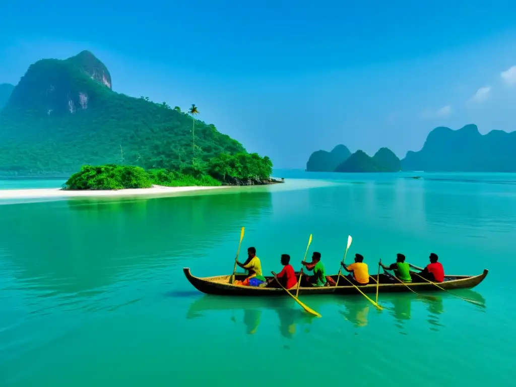 Pescadores indígenas en canoas tradicionales en el Bay of Bengal Expedición a islas remotas Bahía Bengala: pescadores indígenas en canoas tradicionales, lanzando redes en aguas cristalinas con islas tropicales al fondo