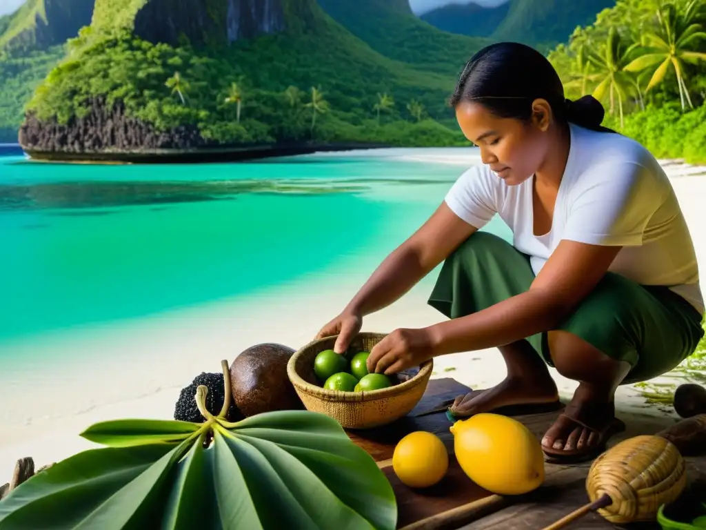 Conservación tradicional de alimentos en isla remota Un isleño preserva alimentos de forma tradicional en una isla remota, entre exuberante vegetación y aguas cristalinas