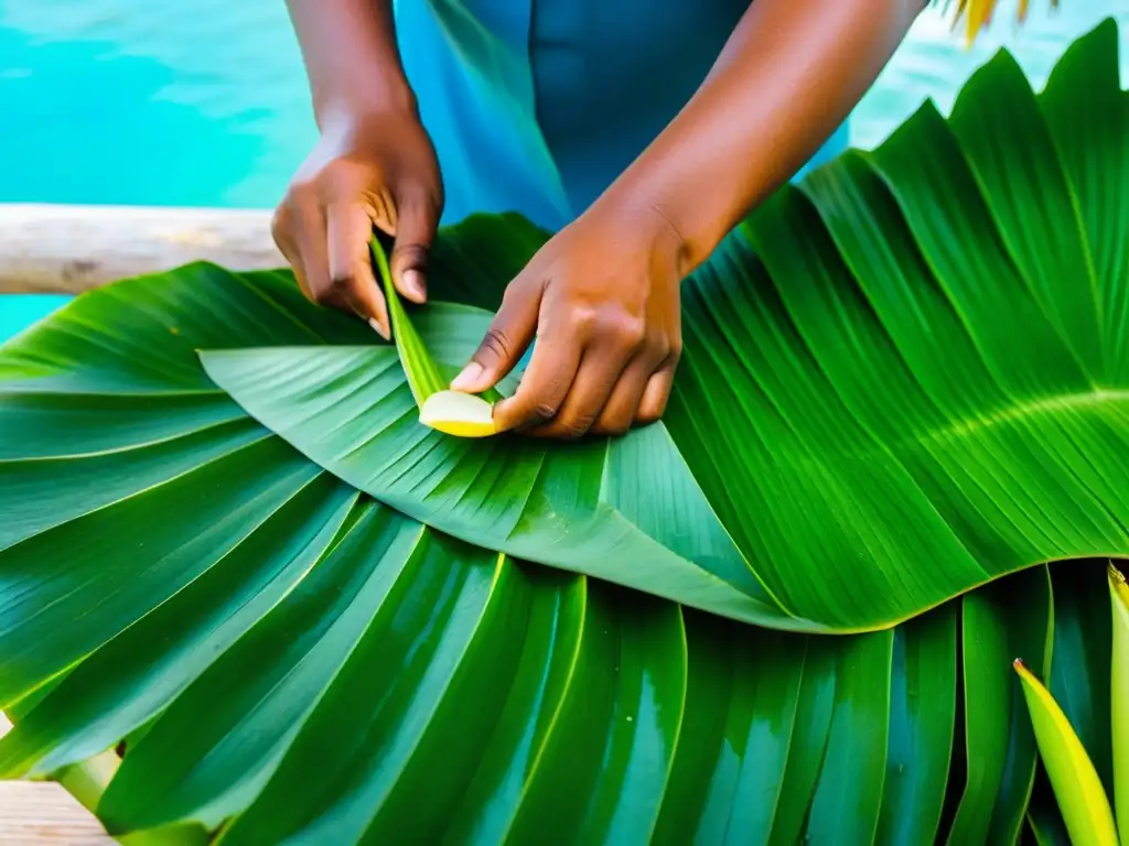 Envoltura tradicional de pescado en hojas de plátano Un isleño envuelve pescado recién capturado en hojas de plátano verde, conservación de alimentos en islas remotas
