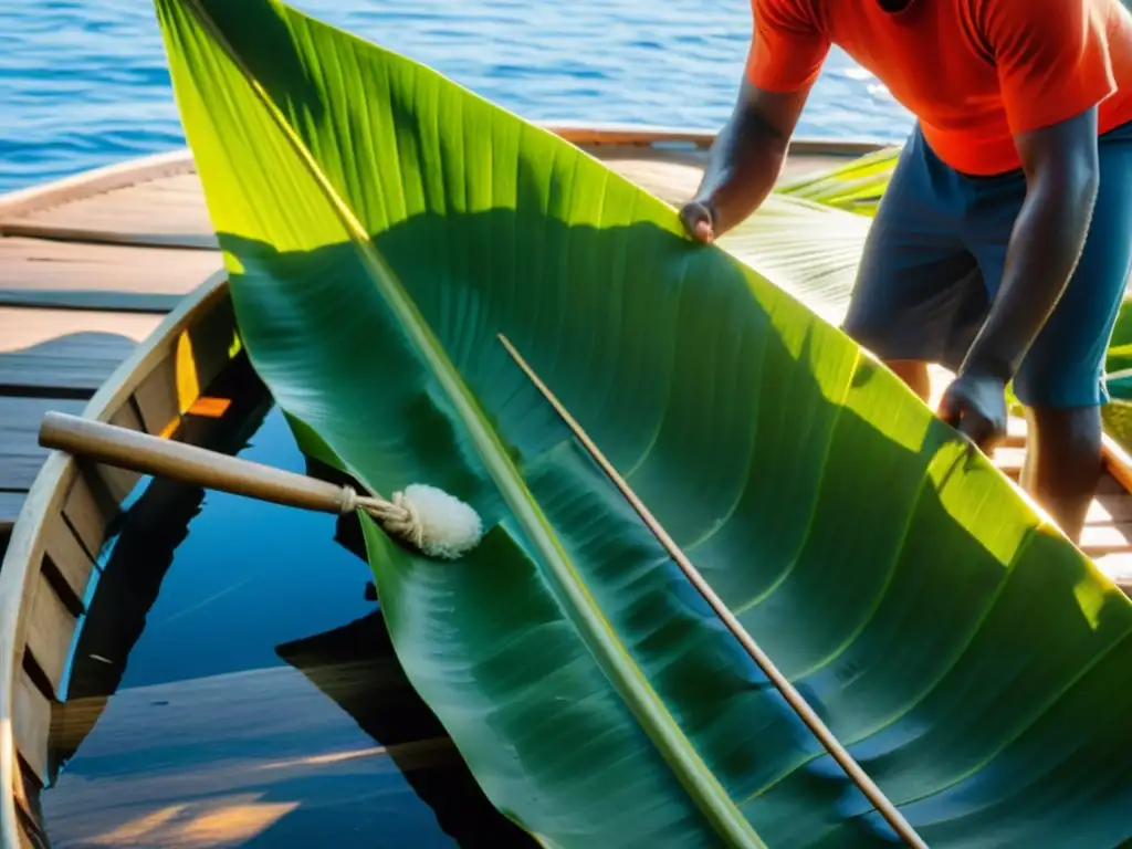 Conservación ancestral: Envoltura de pescado fresco en hojas de plátano Isleños envuelven pescado fresco en hojas de plátano en una canoa de madera tradicional al amanecer