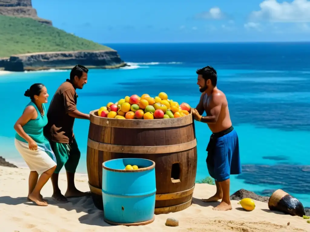 Tepache artesanal: Tradición en Isla de Socorro Isleños elaborando Tepache con frutas fermentadas en barril de madera en Isla de Socorro, rodeados de mar azul y tradición comunitaria