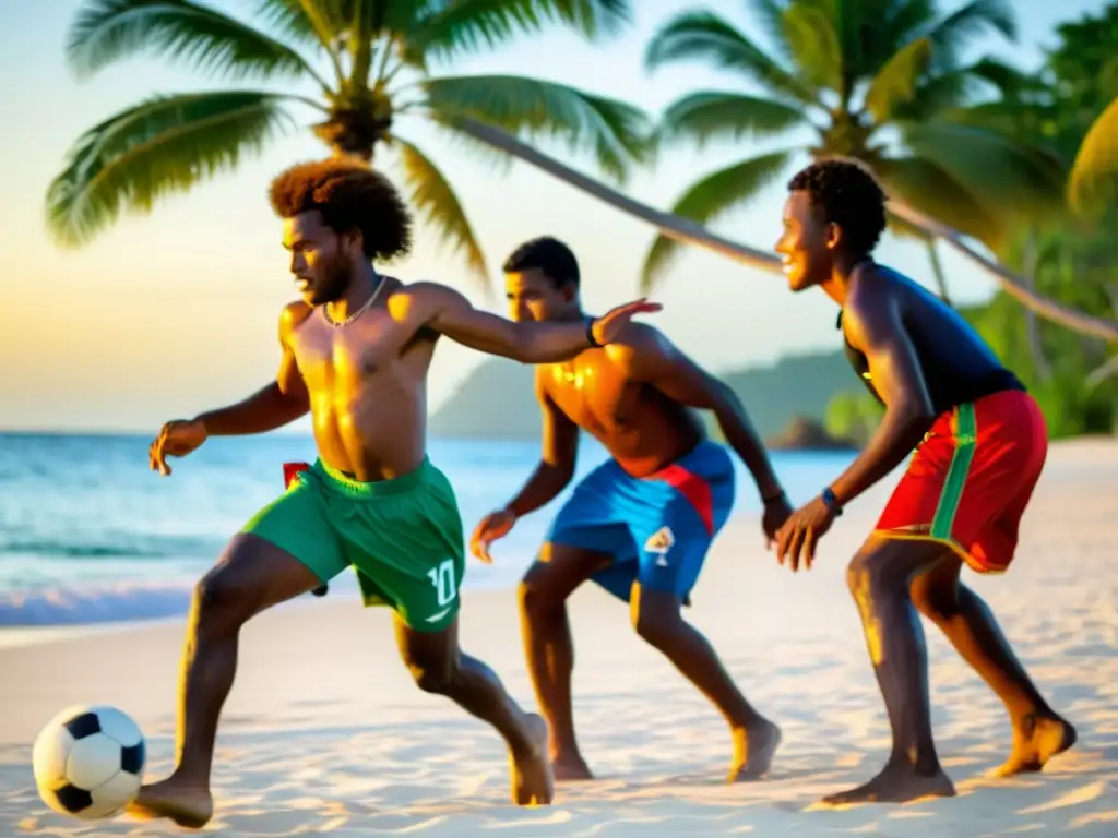 Atletas Melanesios en Partido de Fútbol al Atardecer Jóvenes atletas melanesios disfrutan de un juego de fútbol en una playa al atardecer, mostrando su pasión por el deporte en islas remotas Melanesia