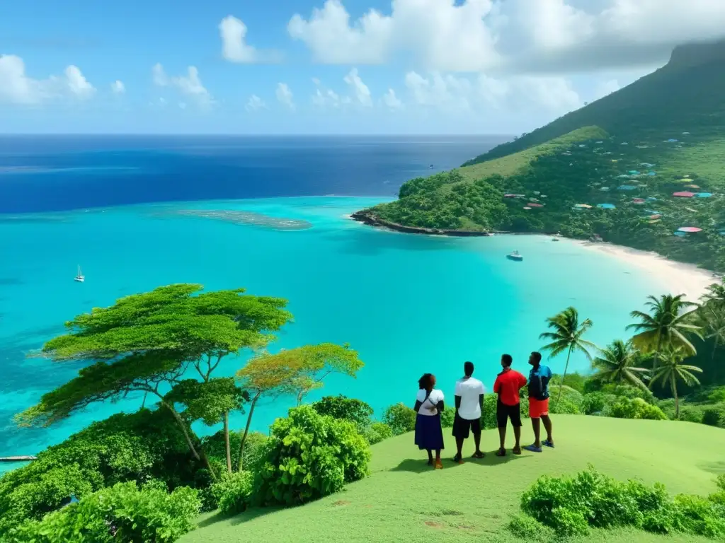 Jóvenes líderes en la costa caribeña promueven la sostenibilidad Jóvenes líderes en colina caribeña, discutiendo sostenibilidad y conservación ambiental, rodeados de naturaleza y mar turquesa al atardecer