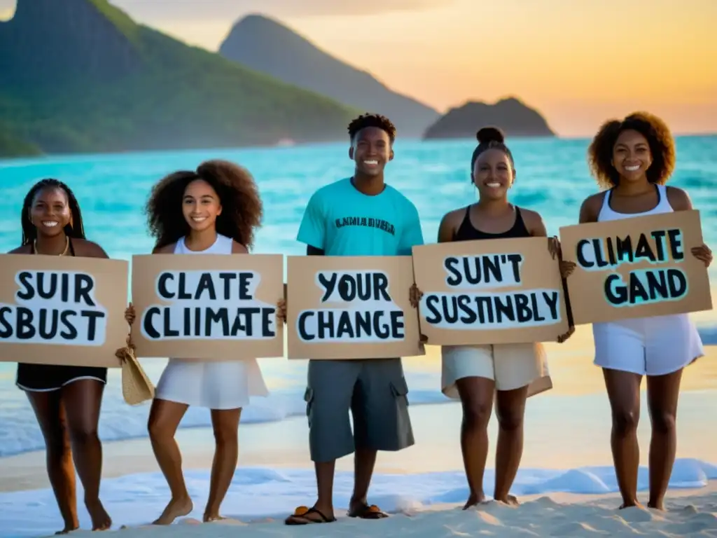 Jóvenes del Caribe luchan por el clima Jóvenes líderes sostenibilidad islas Caribe: Activistas en la playa del Caribe con mensajes sobre cambio climático y sostenibilidad al atardecer