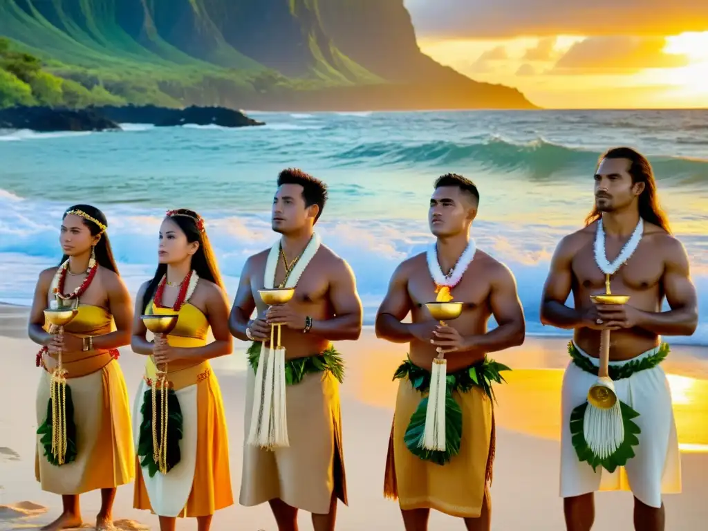 Kahunas hawaianos en ritual de bendición al atardecer Kahunas realizan prácticas espirituales en Hawai remotas, ofreciendo bendiciones al mar al atardecer