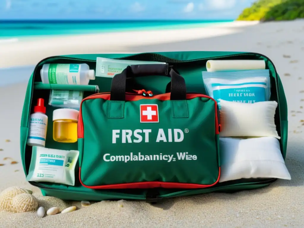 Kit de primeros auxilios personalizado en la playa Un kit de primeros auxilios detallado en una playa, con el mar y una isla en el fondo