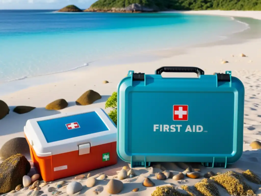 Kit de primeros auxilios en isla remota Kits esenciales primeros auxilios islas: Una imagen de una isla remota con un kit de primeros auxilios listo para su uso en la playa soleada