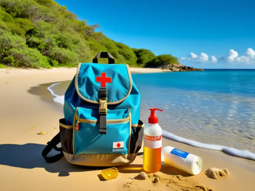 Equipo de primeros auxilios en la playa Kits esenciales de primeros auxilios preparados para emergencias en una remota isla paradisíaca