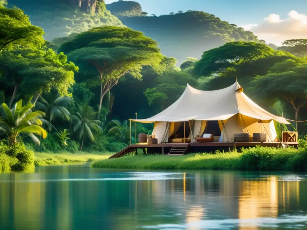 Tienda de safari de lujo en la selva tropical exótica Un lujoso safari en islas exóticas, con tienda en la selva tropical, río cristalino y guía de aventura