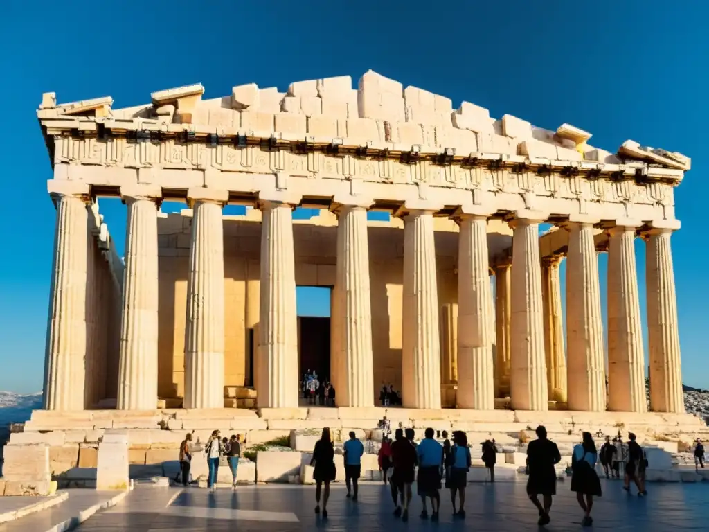 Parthenon al atardecer: esplendor eterno La majestuosa conservación del Parthenon en Atenas, Grecia, iluminado por la cálida luz dorada al atardecer, revela su belleza atemporal