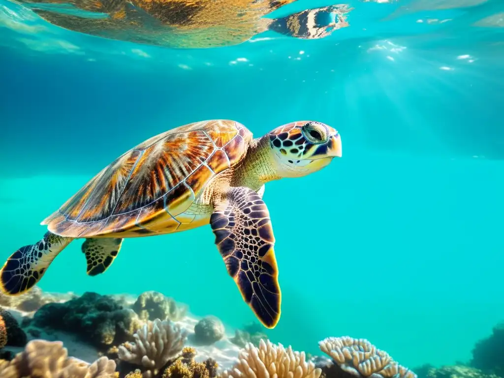 Majestuosa tortuga marina en aguas turquesa cristalinas Una majestuosa tortuga marina nada serenamente en aguas turquesas, destacando la importancia de interacciones éticas con fauna local