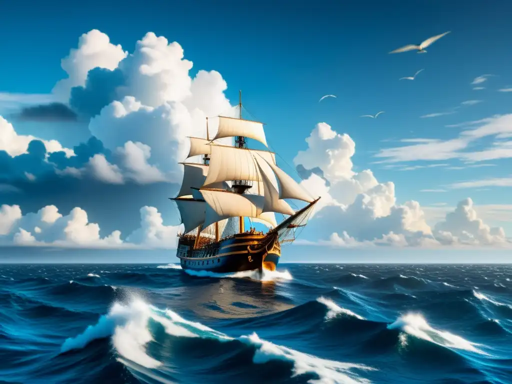 Navegando hacia lo desconocido: épica en alta mar Un majestuoso barco de madera navega valientemente en un vasto océano azul, evocando la exploración insular en obras literarias