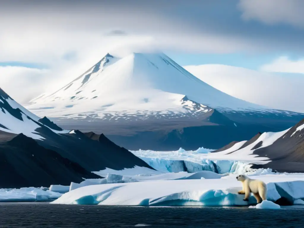 Tierra volcánica de Jan Mayen: Oso polar en hábitat remoto Un majestuoso oso polar observa su hábitat en la remota isla volcánica de Jan Mayen, rodeada por el océano Ártico