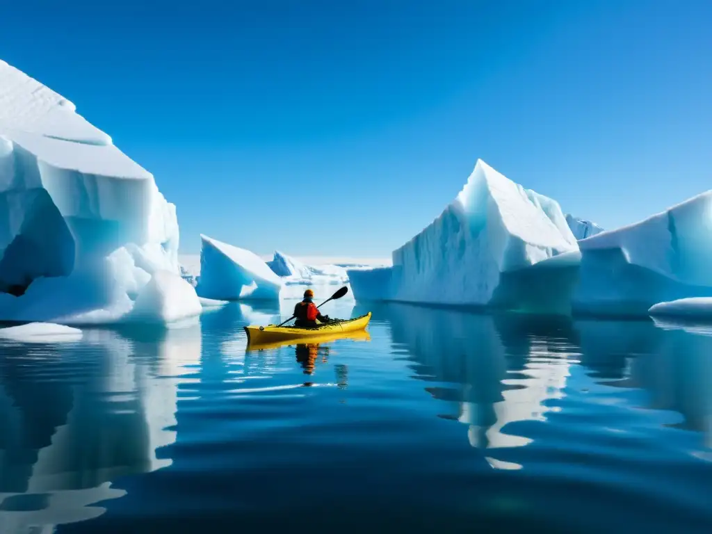 Kayaker en Laberinto de Icebergs: Aventura Polar Exploración en kayak entre majestuosos icebergs en islas polares