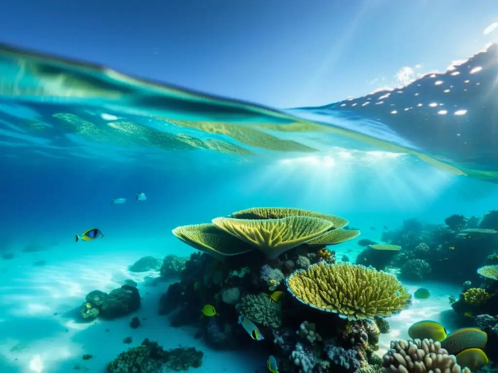 Arrecife de coral en Maldivas: belleza submarina Geografía subacuática de Maldivas: un arrecife de coral vibrante con vida marina colorida y aguas turquesas cristalinas, bajo la luz del sol