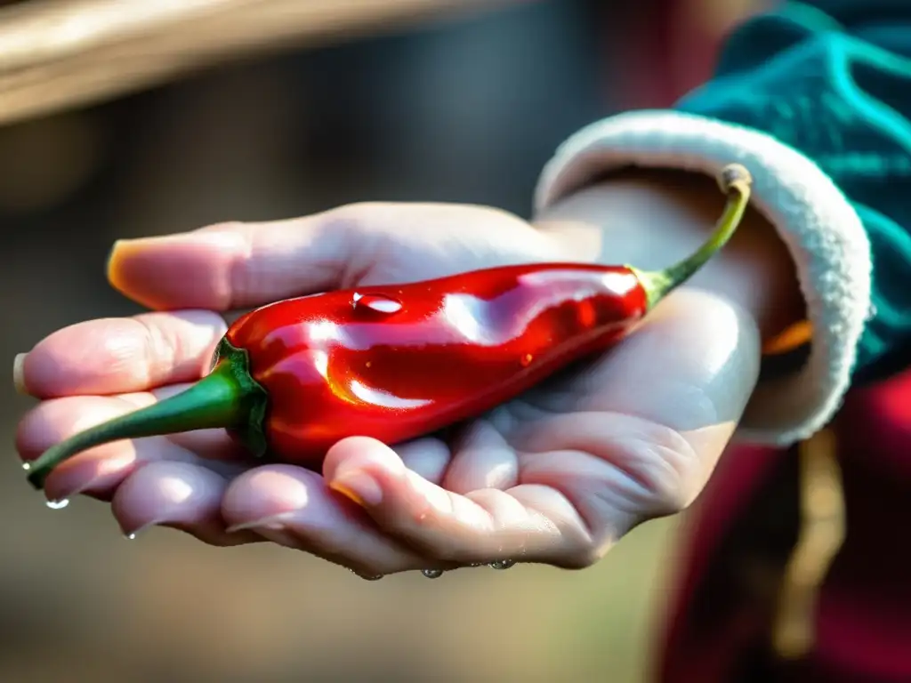 Manos de la tierra: Pimiento rojo brillante y especias coloridas Mano sosteniendo chile rojo brillante con gotas de agua