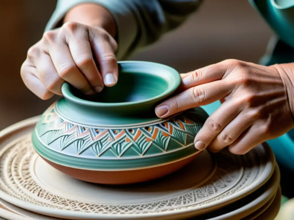 Artesano modelando cerámica: tradición y belleza Manos de artesano moldeando cerámica, reflejando la artesanía inspirada en la cultura de islas lejanas