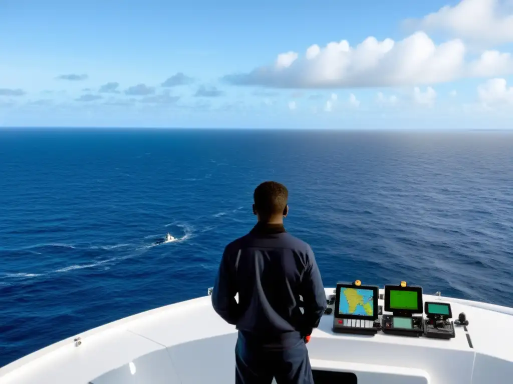 Exploración de Islas Remotas: Navegación Moderna y Tradicional Un marinero en un barco de investigación moderno utilizando equipos de navegación avanzados y tradicionales, con una isla remota en el horizonte