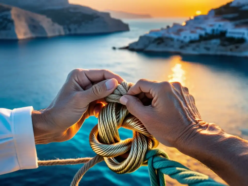 Manos de marinero experto atando nudo al atardecer en Grecia Un marinero experto anuda cuerdas al atardecer en las tranquilas aguas de las Islas Griegas