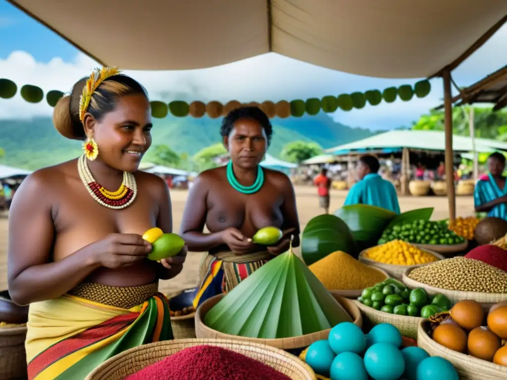 Mercado vibrante en Melanesia: diversidad lingüística y cultural Mercado bullicioso en Melanesia Pacífico, con diversidad lingüística y cultural en un vibrante mosaico de tradiciones y artesanías
