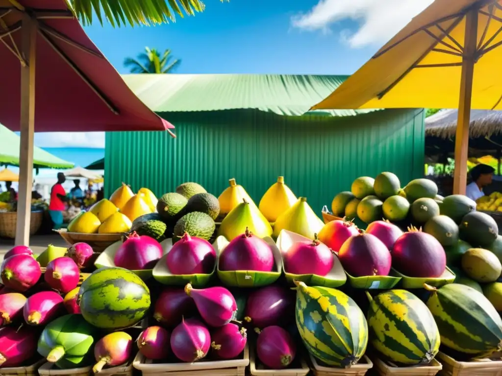Mercado caribeño de frutas exóticas: colores, aromas y sabores tropicales Mercado caribeño de frutas con ingredientes insulares rarezas gastronómicas, energía vibrante y colores tropicales