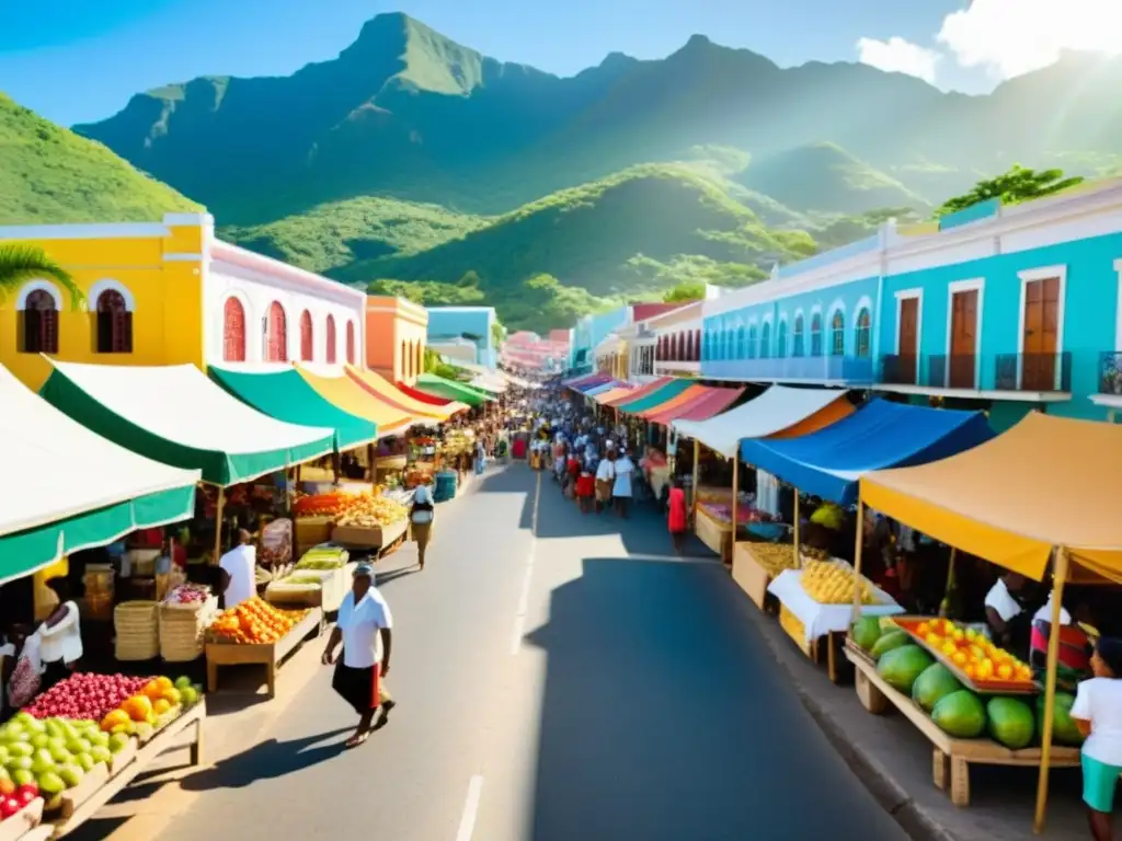 Mercado caribeño: frutas, textiles y música en vivo Un mercado caribeño vibrante y diverso, con frutas coloridas, textiles artesanales y música animada