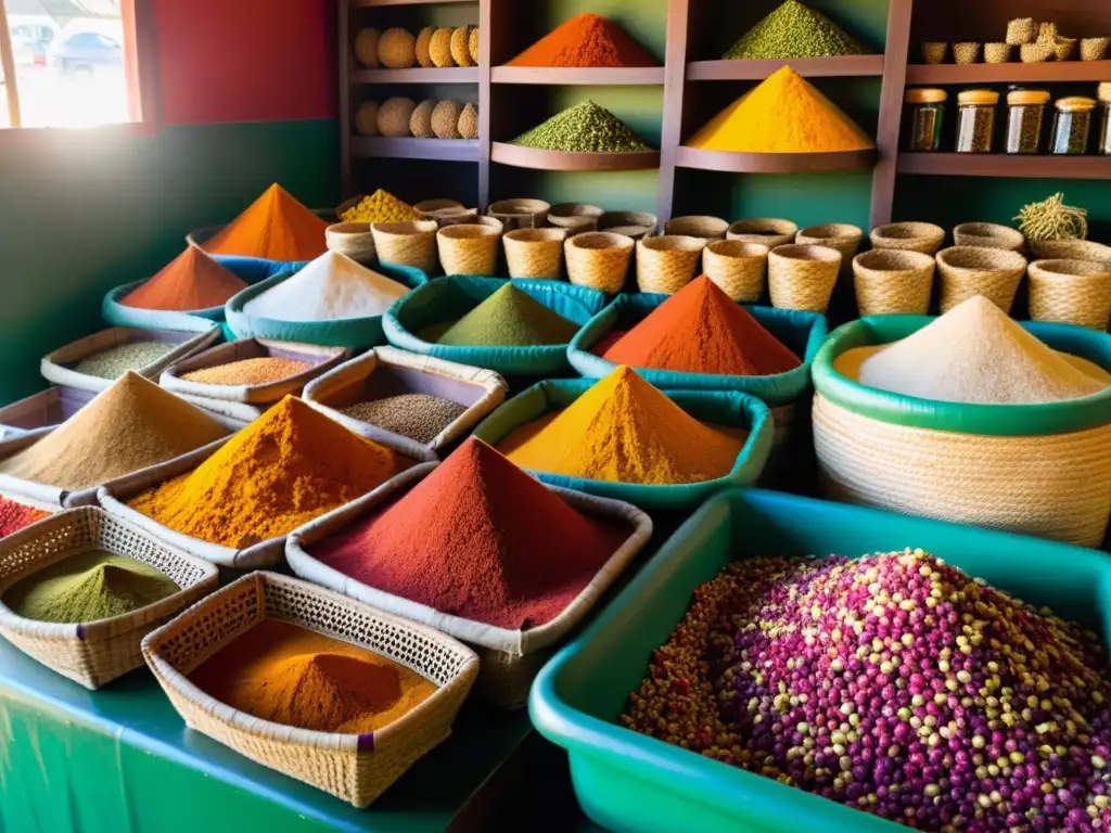 Mercado de especias exóticas: colores y aromas cautivadores Un mercado de especias exóticas en una isla remota, con una variedad colorida de especias en cestas y sacos