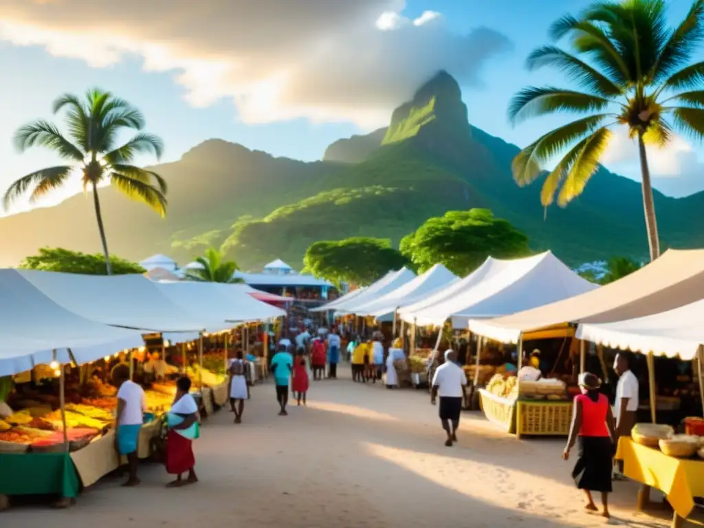 Mercado caribeño vibrante: artesanías, comida y cultura Mercado vibrante en el Caribe, con puestos coloridos de artesanías y comida tradicional