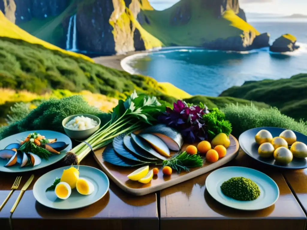 Festín gastronómico en las Islas Subantárticas Una mesa rústica en las Islas Subantárticas repleta de sabores gastronomía islas subantárticas y bañada por la cálida luz del atardecer