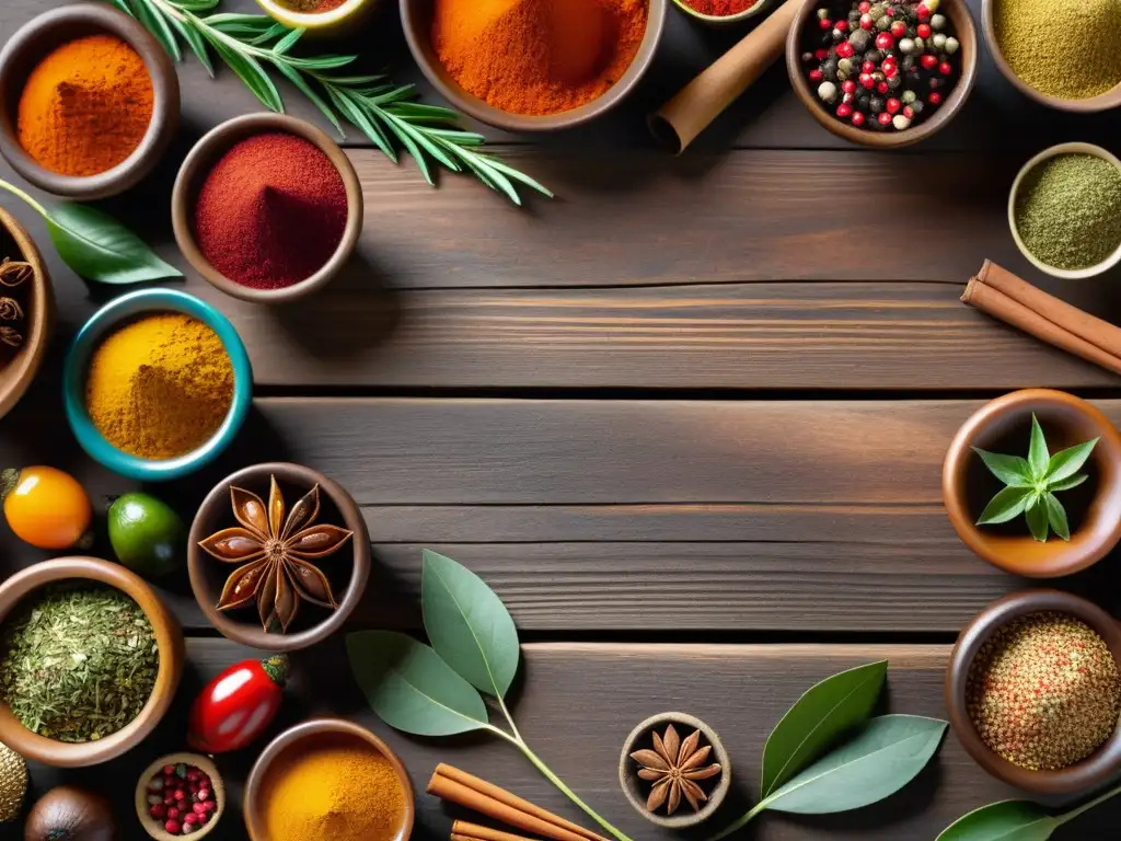Exóticas especias caribeñas: colores, sabores y sol Una mezcla vibrante de especias exóticas en una mesa rústica