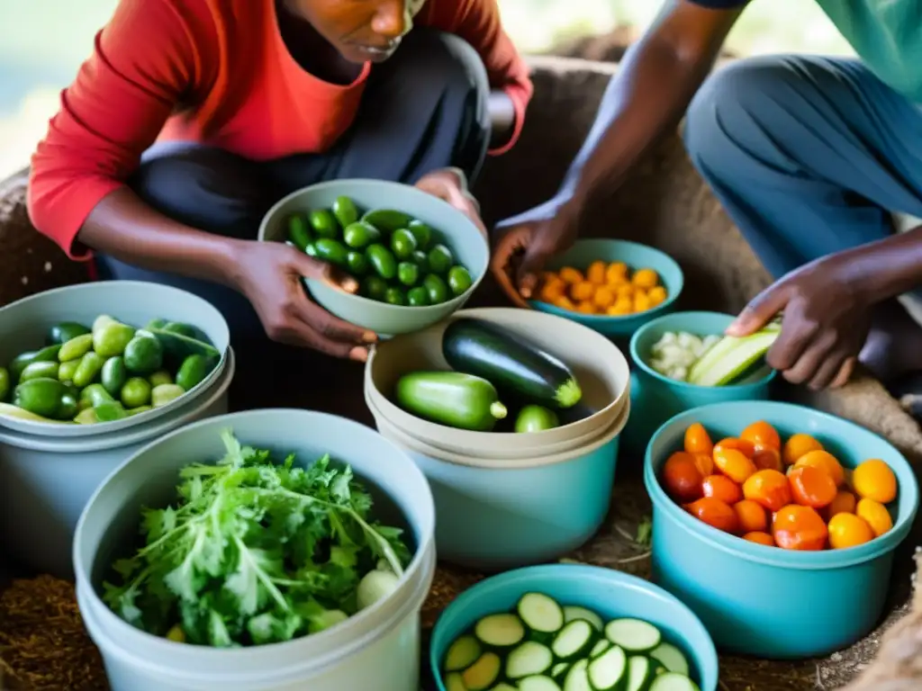 Conservación de alimentos en isla remota: enterrando tarros de vegetales en la tierra Miembros de la comunidad en una isla remota conservando alimentos en frascos enterrados