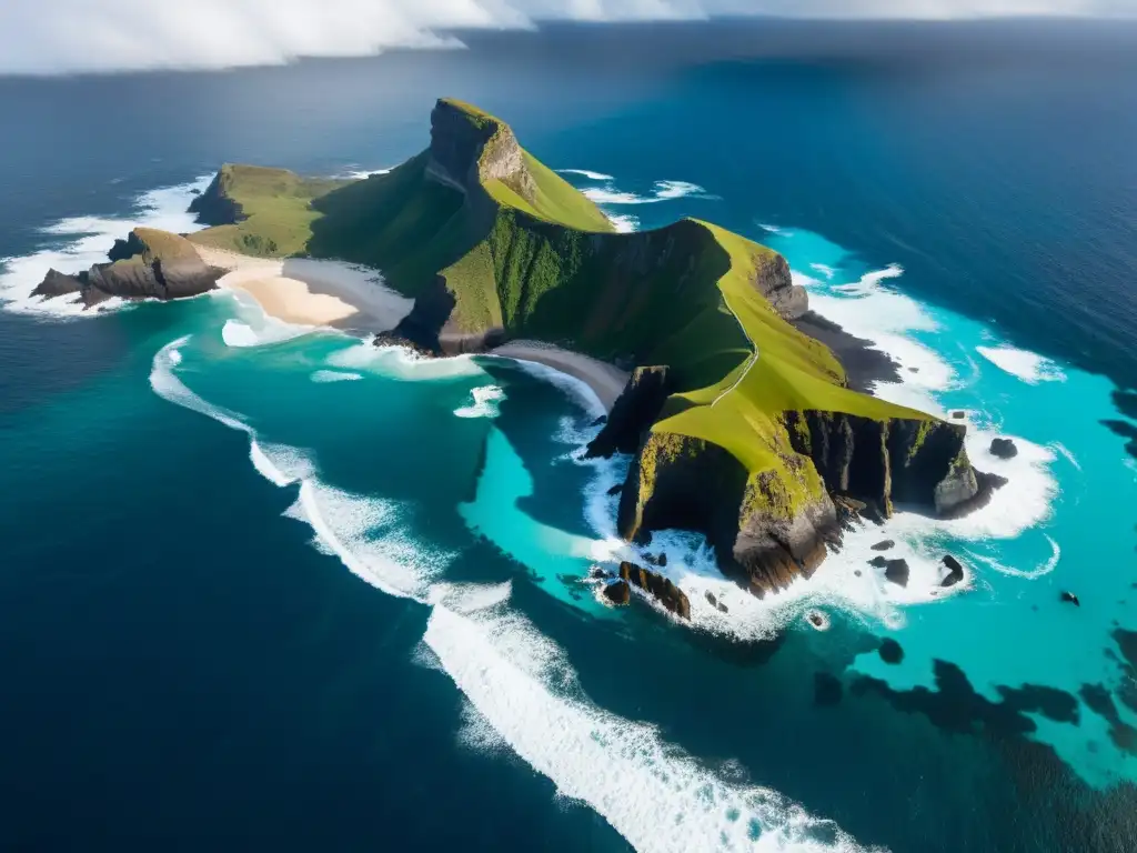 Isla remota de Bouvet: belleza cruda y enigmática Misterios de la isla Bouvet: dramática vista aérea de la remota isla rodeada por turbulentas olas y nubes ominosas