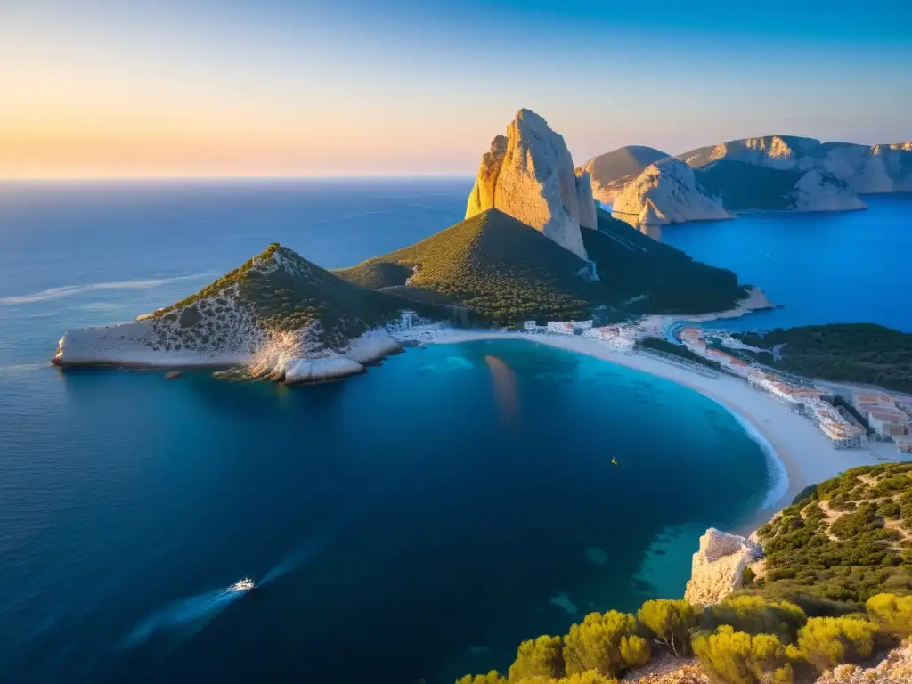 Misterios de Es Vedrà en el Mediterráneo: Majestuosa isla bañada por el sol al atardecer, con aguas cristalinas y un cielo vibrante