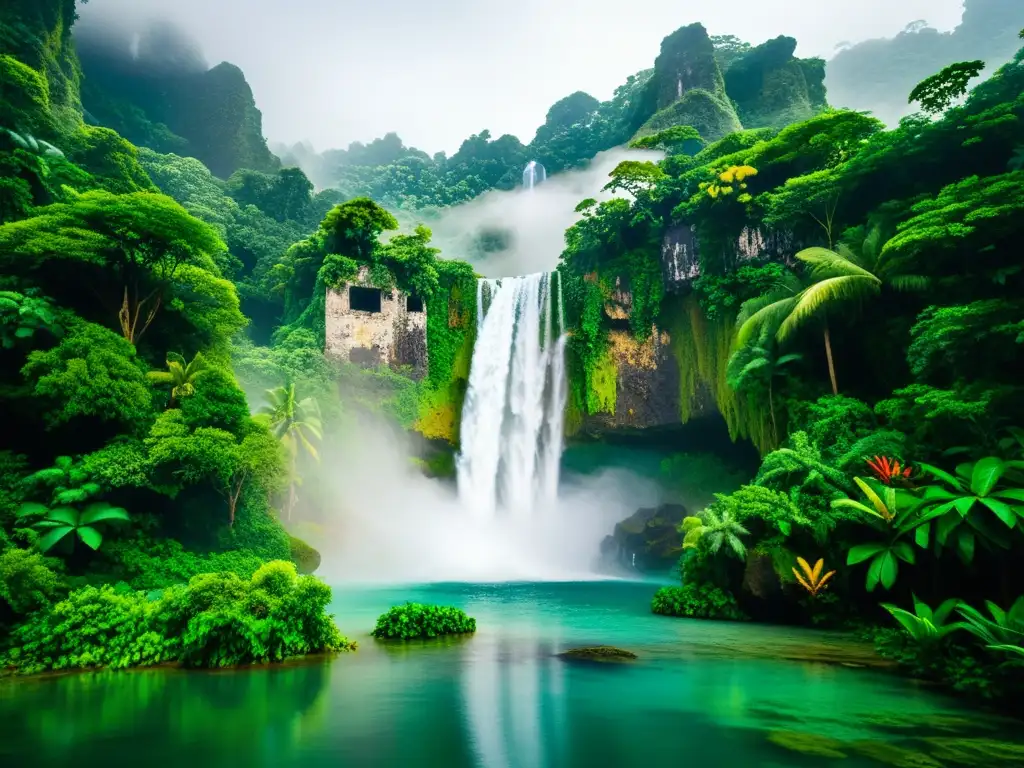 Isla misteriosa: ruinas antiguas y exuberante naturaleza Una misteriosa isla tropical en la ciencia ficción, con ruinas antiguas y exuberante flora exótica emergiendo a través de la niebla