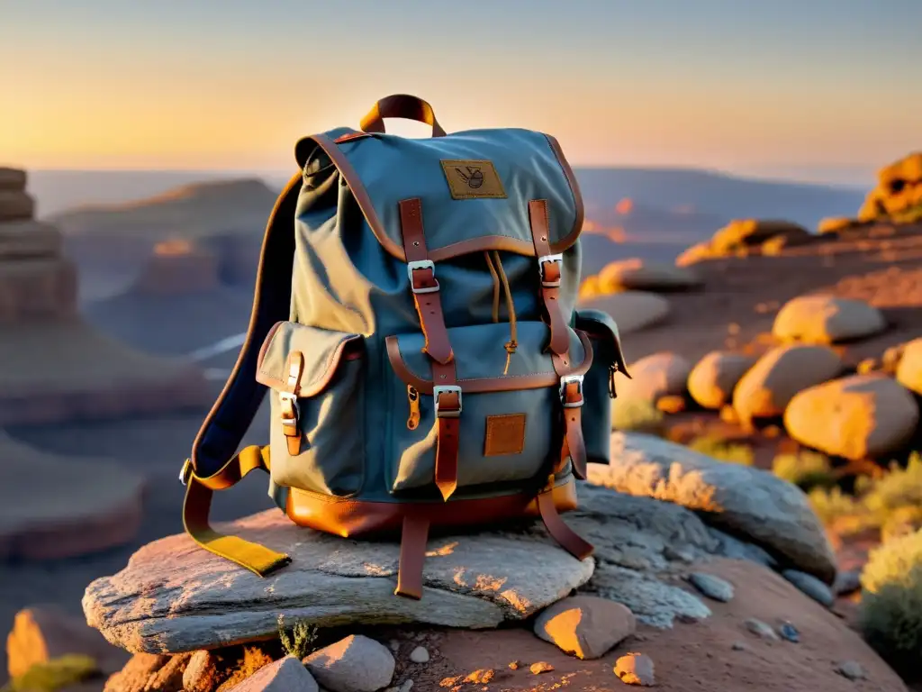 Backpack resistente en paisaje rocoso al atardecer Una mochila desgastada descansa sobre un promontorio rocoso, con el sol poniéndose al fondo