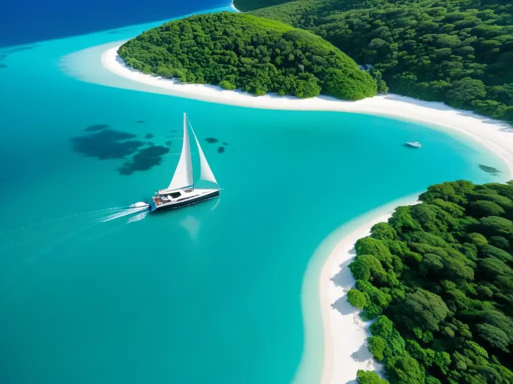 Yate moderno surcando aguas turquesas Una moderna navegación en islas remotas: yate anclado en aguas turquesas, rodeado de exuberante vegetación y playas de arena blanca