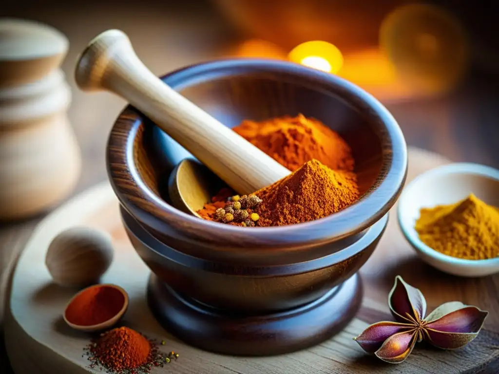 Mortero y especias: tradición y aroma en un instante Un mortero y mano de madera tradicionales muele especias vibrantes, exudando secretos de especias islas remotas