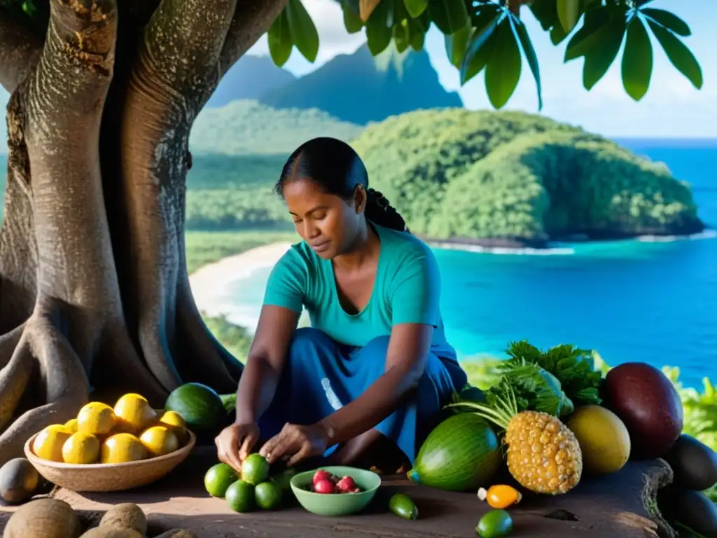 Preservación ancestral de alimentos en una isla tropical Una mujer isleña preserva alimentos bajo un árbol antiguo, evocando tradición y sostenibilidad en la conservación de alimentos en islas remotas