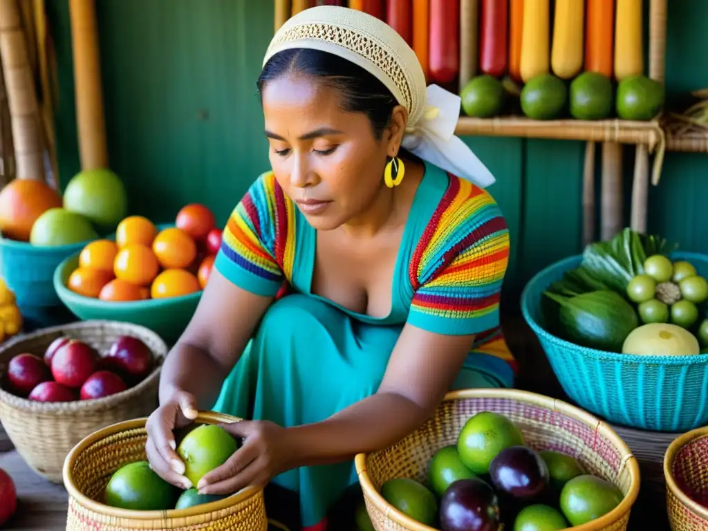 Mujer isleña preservando frutas y verduras con técnicas ancestrales Una mujer isleña viste ropa colorida y preserva alimentos con técnicas antiguas