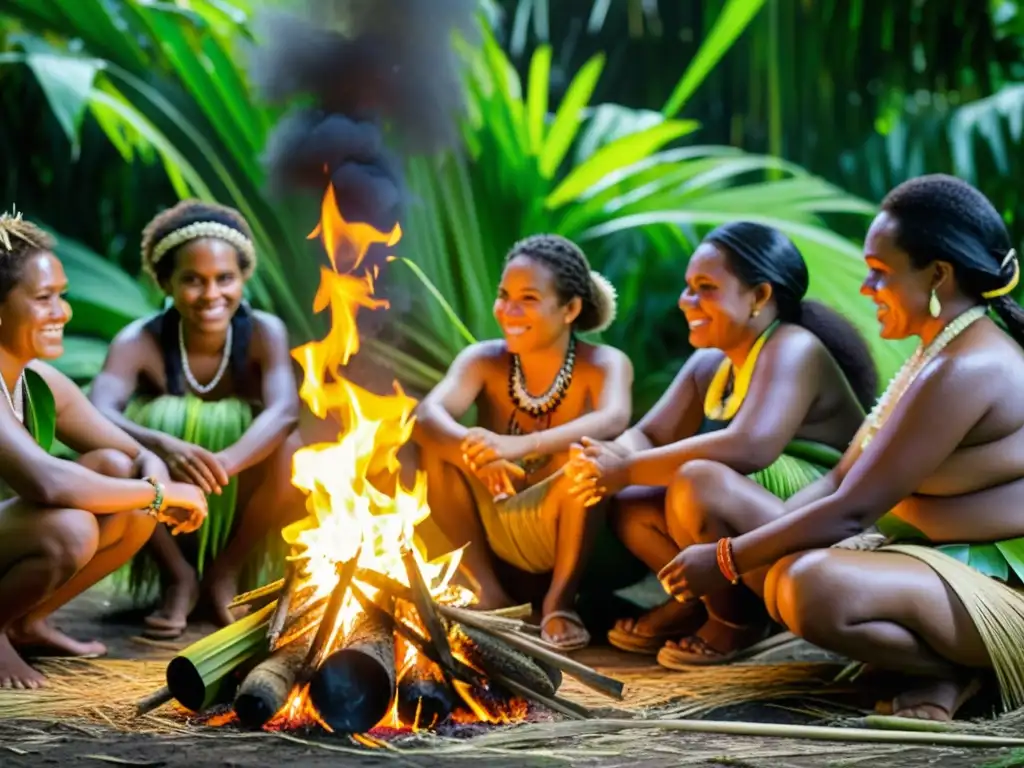 Vibrante escena de mujeres melanesias en la selva tropical Mujeres en la sociedad melanesia: Grupo de mujeres melanesias con faldas de hierba y joyas, reunidas alrededor de un fuego en la selva tropical