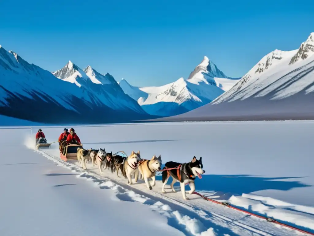 Travesía en trineo con perros: belleza helada Mushing en islas congeladas: equipo de perros tira de trineo en paisaje helado con montañas nevadas al fondo