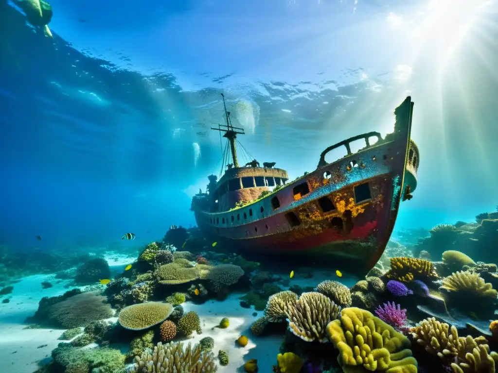 Naufragio envuelto en coral: belleza y ruinas Un naufragio histórico yace en el fondo marino rodeado de coral vibrante y vida marina colorida en aguas de Melanesia