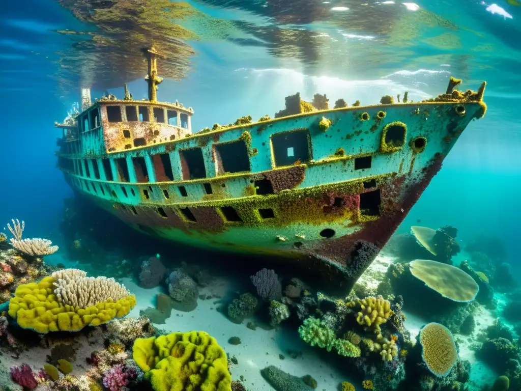 Naufragio histórico rodeado de vida marina en Melanesia Explora naufragios históricos en aguas de Melanesia: un barco hundido rodeado de coral vibrante, algas y peces tropicales, bañado por la luz solar