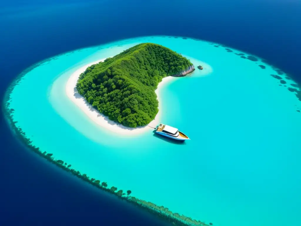 Exploración moderna en una isla remota: barco navegando en aguas turquesas Navegación moderna en islas remotas: un bote moderno navegando hacia una isla remota rodeada de aguas turquesas cristalinas