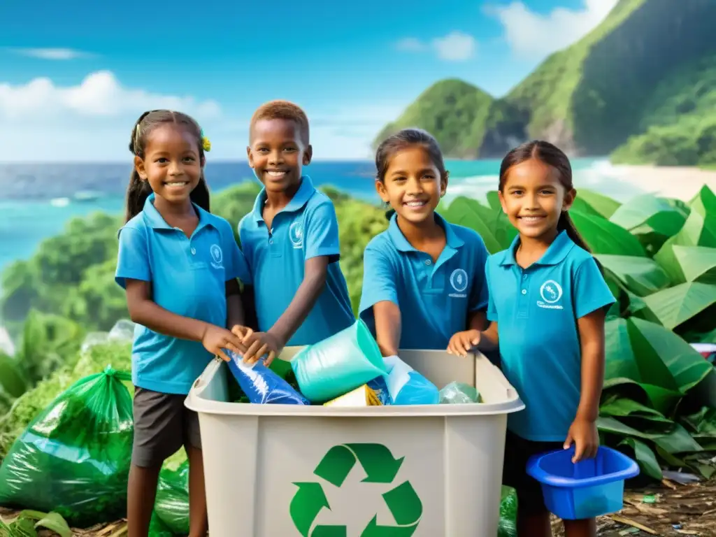 Niños felices reciclando en una isla remota Niños sonrientes de una comunidad remota trabajando juntos para reciclar, con el océano azul y la exuberante vegetación de fondo