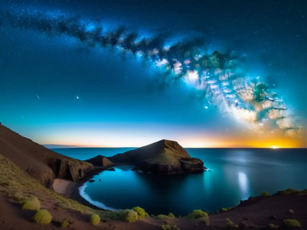 Espectacular imagen 8k de la Vía Láctea sobre una isla remota en Canarias Fotografía nocturna en islas remotas: Un espectacular cielo estrellado sobre una remota isla en Canarias, con la Vía Láctea y el brillo de algas bioluminiscentes en el agua