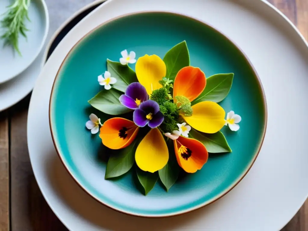 Exquisita obra de arte culinaria isleña Una obra de arte culinaria con ingredientes insulares rarezas gastronómicas en un plato de cerámica artesanal, decorado con hierbas y flores comestibles, en un escenario inmersivo de la isla
