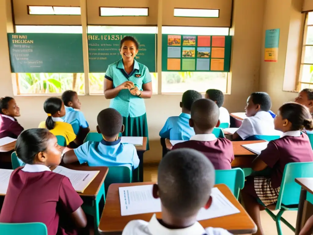 Salón de clases vibrante en Melanesia: educación transformadora Oportunidades educativas en Melanesia: Alegre aula llena de estudiantes comprometidos, maestro apasionado y ambiente cálido con luz natural