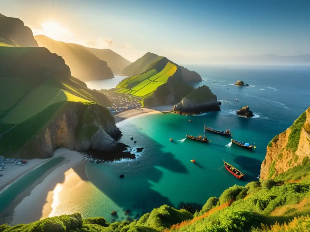 Paisaje marino: pescadores en un atardecer dorado Paisaje costero con pescadores trabajando en isla remota, reflejando la fuerza y belleza de la vida
